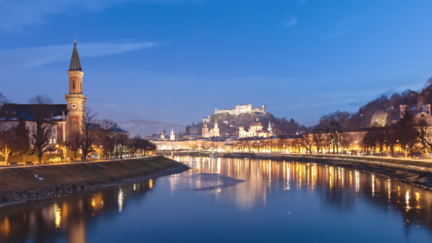  The fortress, Cathedral, and river at night in Salzburg, Austria image Motiv 