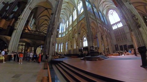 Cologne Germany Circa November 2019 Interior Of The Gothic Cathedral Church Of Saint Peter Details Of The Sculptures Columns Arches And Windows Stained Glass