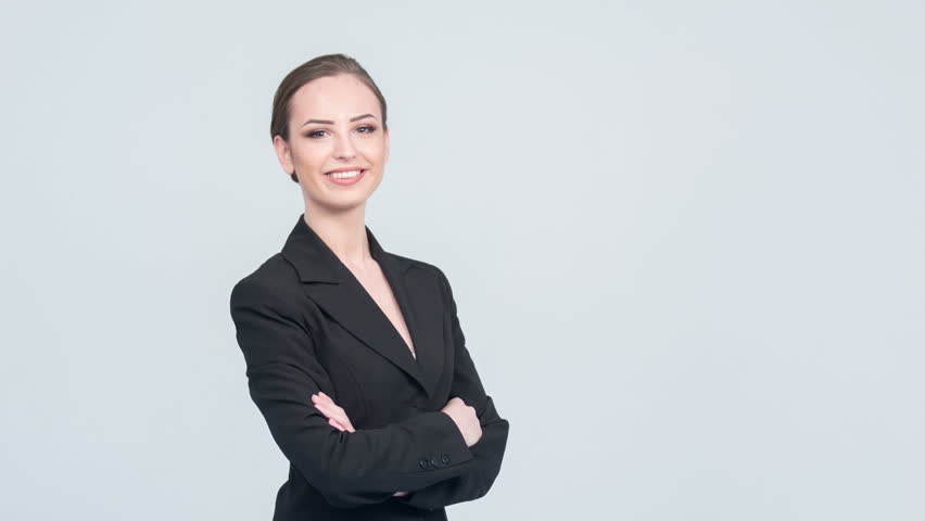 Look On This. Woman In Suit Closing Up White Piece Of Paper. Stock ...