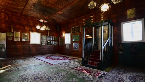 Kruszyniany Poland September 30 2015 Wooden Tatar Mosque Interior From The 18th Century Men S Prayer Room Is Separated From Women S Prayer Room