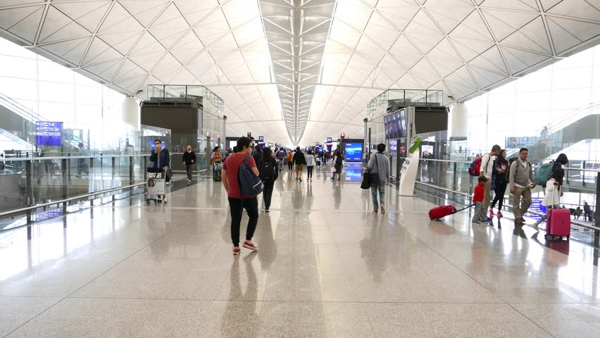 HONG KONG - APRIL 01, 2015: Moving Walkway At Modern Airport, POV ...