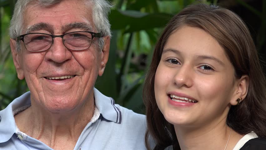 Happy Teen Girl With Grandfather Stock Footage Vi
