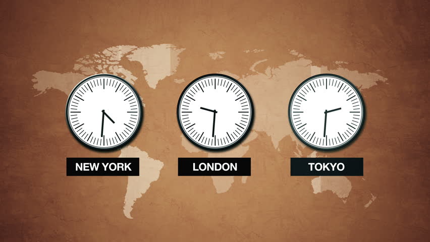 New York, London And Tokyo Time, World Time Zones, Three Clocks Mounted ...