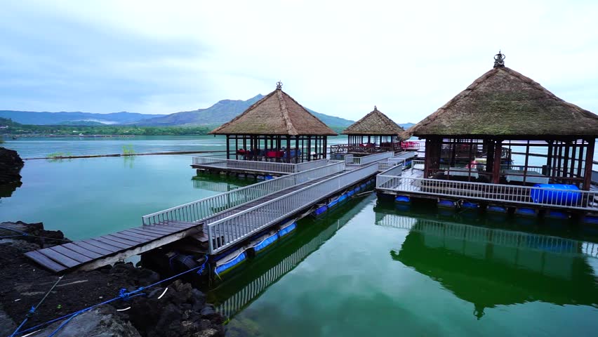 Floating Restaurant On Lake Batur In Bali, Indonesia. Stock Footage