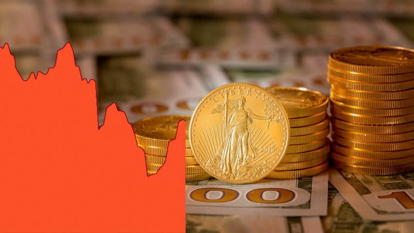 Red Falling Gold Price Chart Stock Footage Video 100 Royalty Free Red Falling Gold Price Chart Or Graph Is Shown Against The Background Of A Pure Us Mint Golden Eagle With Stacks Coins On 100 Bills Which Falls