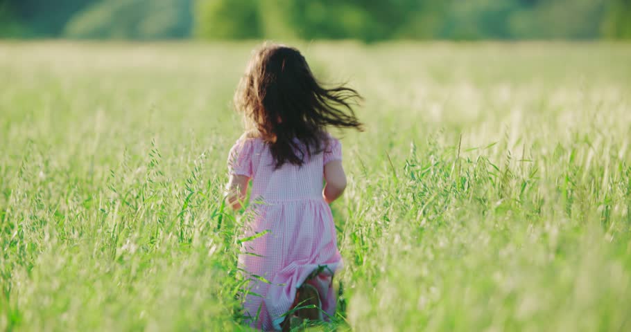 Little Asian Girl Standing In A Green Field Of Young Wheat,close-up ...