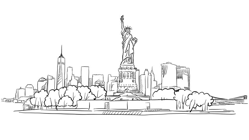 New York With Statue Of Liberty Outline Animation Hand Drawn Sketch ...