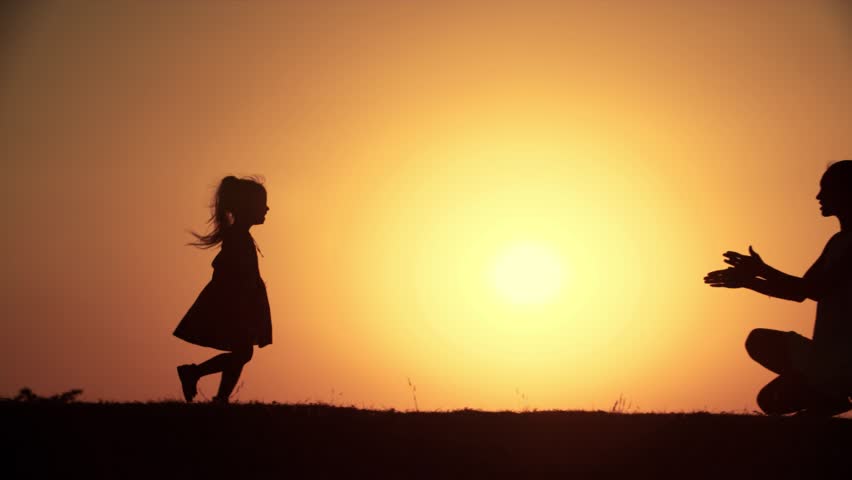 4k Silhouette Of A Family, Father Mother And Two children Son And Daughter Walking In The ...
