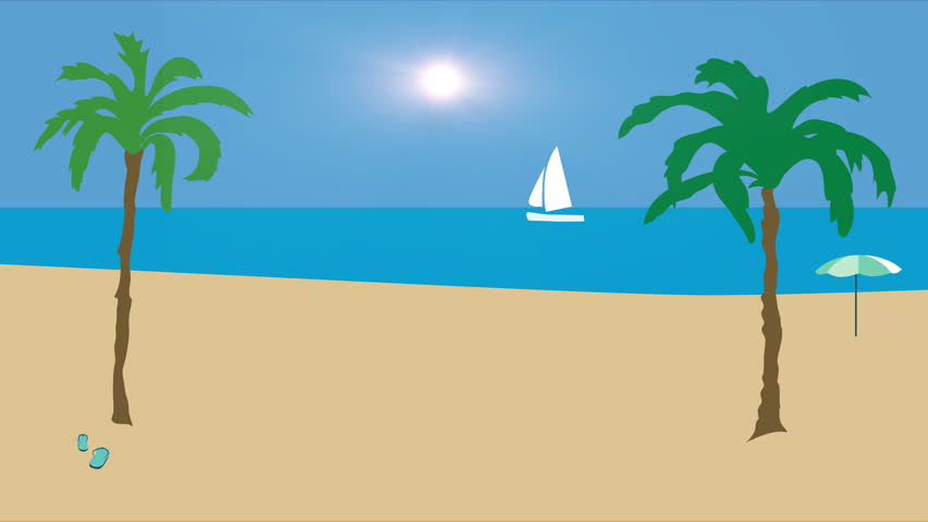 Animation Of Tropical Landscape - Beach, Sea, Waves, Palms Stock