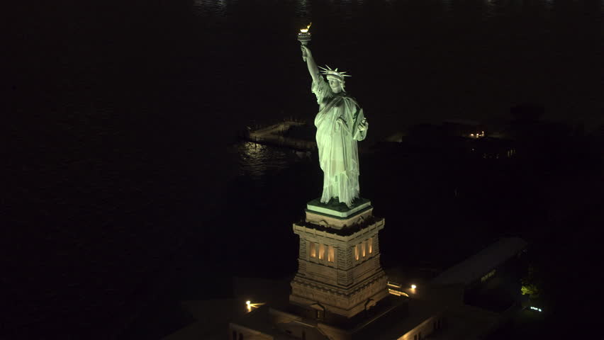 4k / Ultra HD Version Helicopter Aerial Night View Of Statue Of Liberty ...
