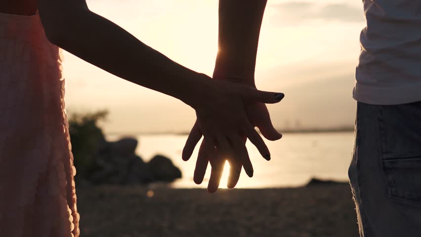 Close Up Of Two Lovers Joining Hands. SLOW MOTION 240 Fps. Detail ...