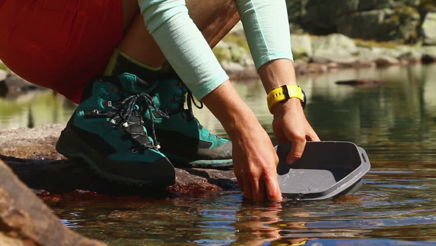 Young Attractive Woman Washing Campsite Stock Footage Video