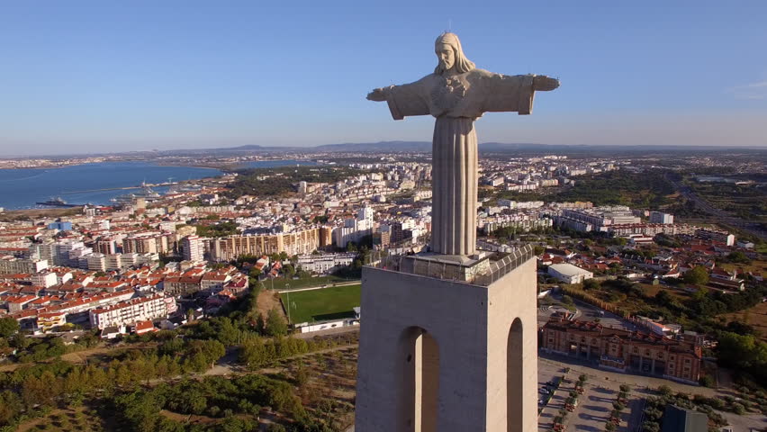 Christ The King (Cristo Rei) Statue In Almada, Lisbon, Portugal, Aerial