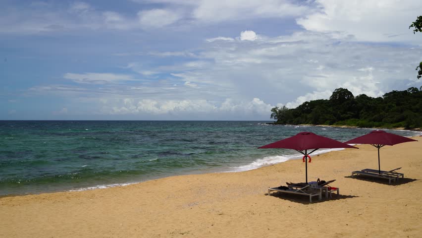 Beautiful tropical beach with sea view, clean water & blue sky at Phu Quoc island in Vietnam.