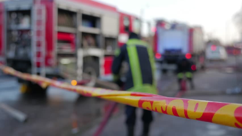 Fire Truck Emergency Vehicle Blue Lights Flashing Fireman Working Fire Truck Emergency Vehicle Blue Lights Flashing Fireman Working 4k Stock Footage Clip