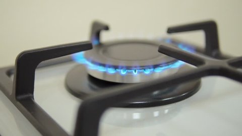 Natural gas inflammation in stove burner, close up view.
gas burning from a kitchen gas stove
