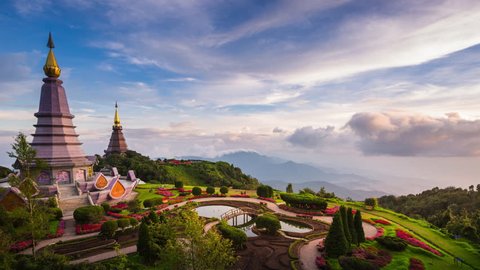 Landmark of Chiangmai, Pagoda and Mist on Doi Inthanon national park at Chiang mai, Thailand.