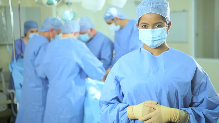 Portrait 6 Member Surgical Team Wearing Full Hospital Scrubs In ...