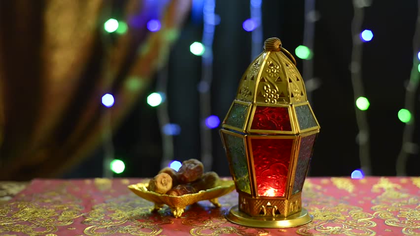 Arabic Ornamental Lantern With Burning Candle. Festive 
