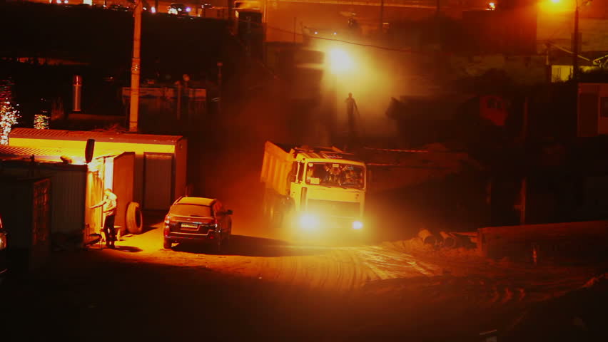 Construction Yard Night Shift, Trucks Work Driving, Building Stock ...