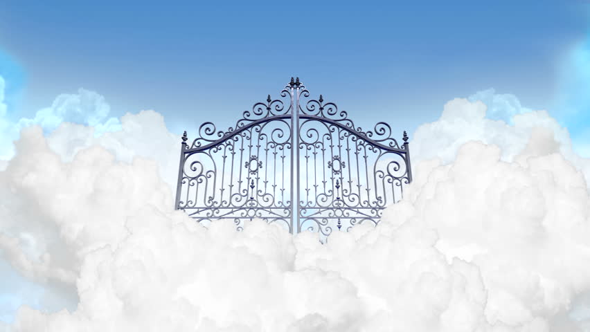 A Slow Zoom Depiction Of The Gates To Heaven In The Clouds Shut Under A ...