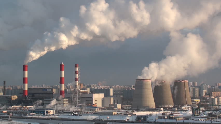 Thermal Power Station And Smoke Or Steam Comes Out Of The Chimney, Gas ...