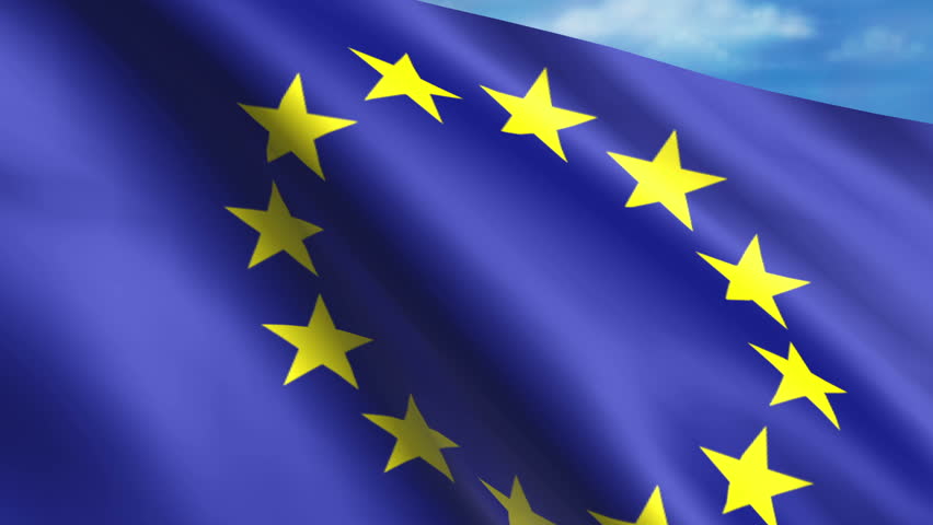 Close up footage of blue flag of European Union with yellow stars