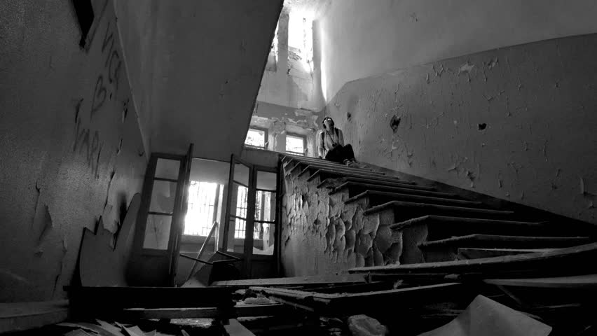 Woman Going Up The Stairs In Abandoned House Stock Footage ...