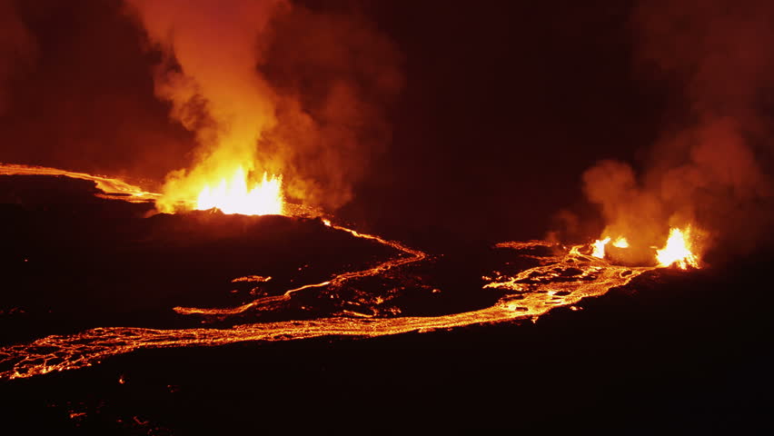 Aerial Night Volcanic Lava Holuhraun Eruption Magma Emerging Land ...