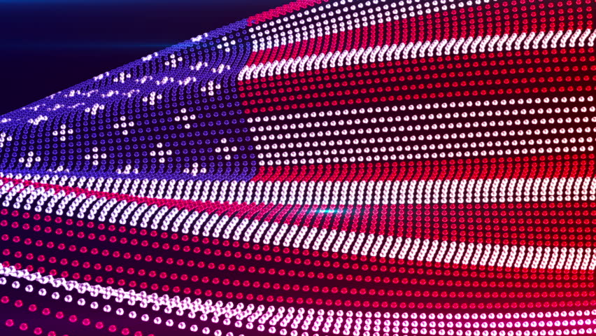 Flag Of Usa Waving On Dark Background. Led Bulb Particles Glow With