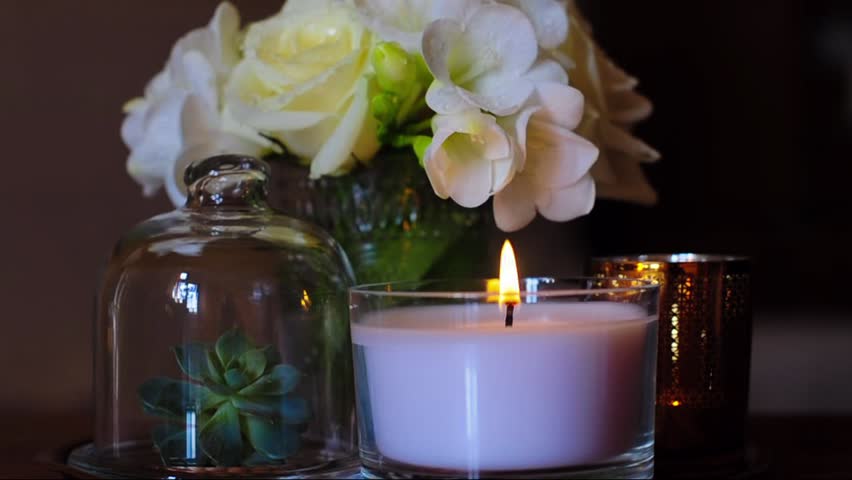 Bouquet Of Flowers In A Vase, Candles On A Tray, Vintage Home Decor ... Bouquet Of Flowers In A Vase, Candles On A Tray, Vintage Home Decor ...