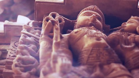 Sandstone sculptures of a Jain temple in Jaisalmer, Rajasthan, India. Shallow depth-of-field.