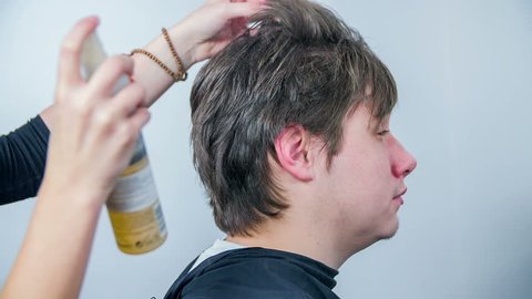 Girl Hairdresser Cut Guy Hair Stock Footage Video 100