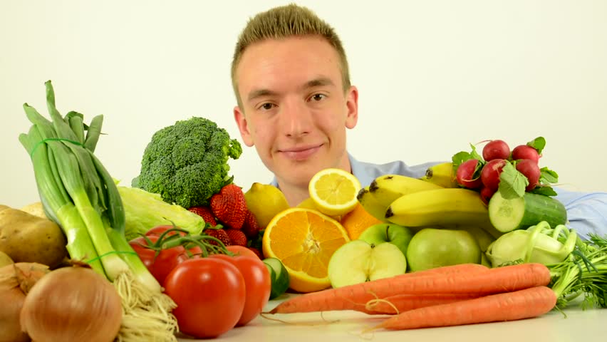 Man Smells To Healthy Food - Vegetables And Fruits - White Background ...